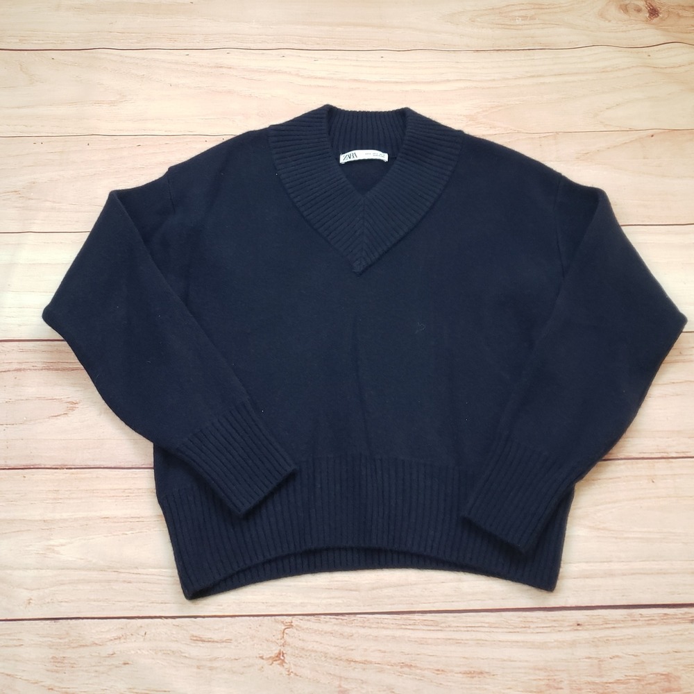 Zara Sweater Mens Small Navy Blue‎ V-Neck Ribbed Knit Sweater Relaxed Wool Blend
